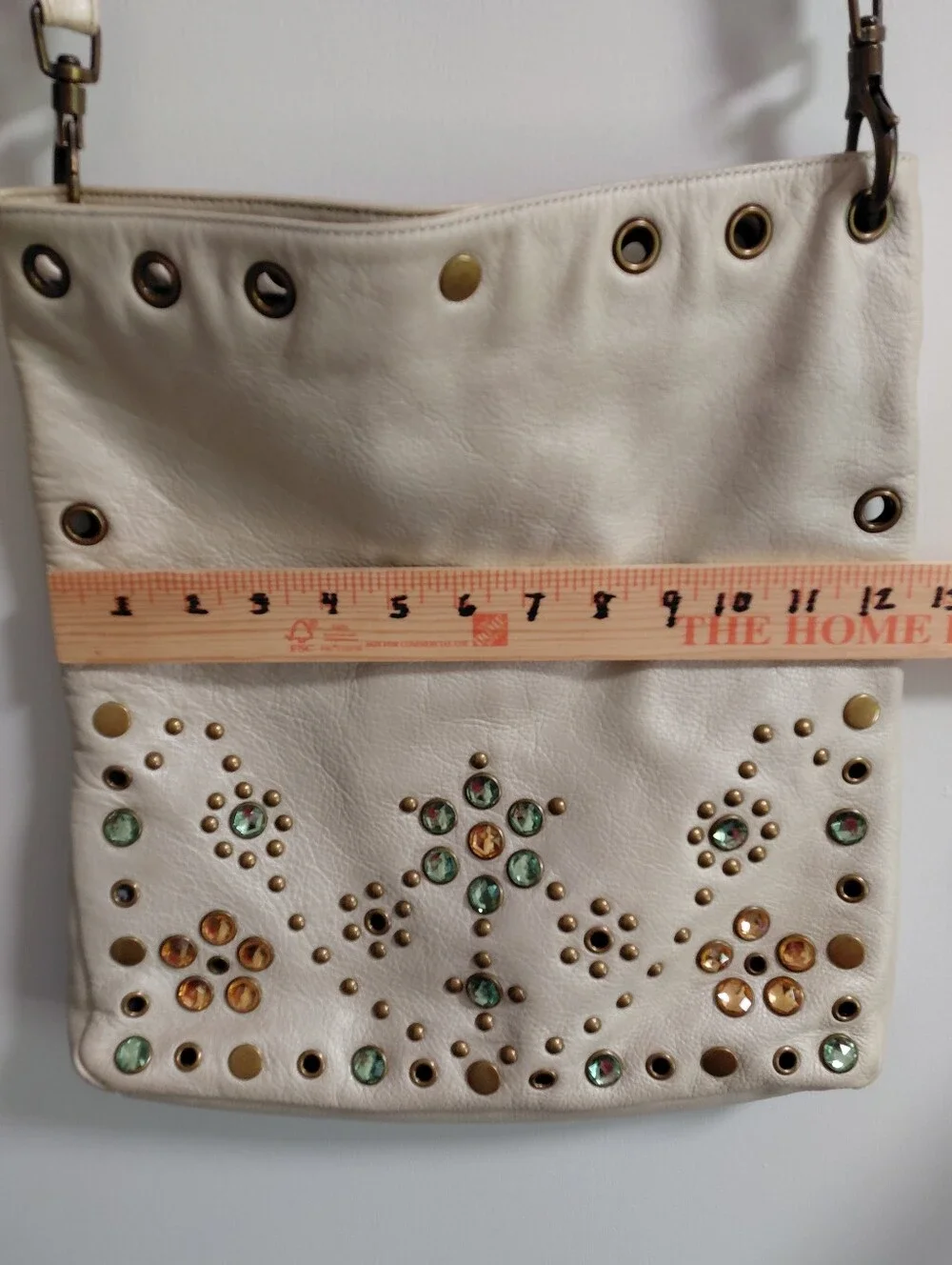 Steve Madden Cream Leather Studded Hobo Bag with Green and Amber Gems